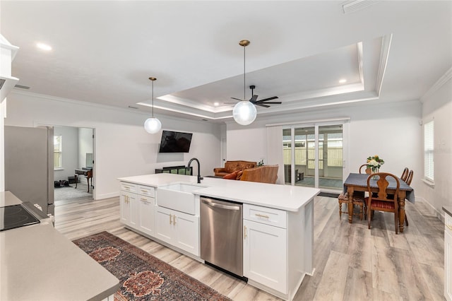 1425 SW 67th Dr, Gainesville, FL 32607 - kitchen featuring dishwasher, crown molding, ceiling fan, a raised ceiling, and light wood-type flooring