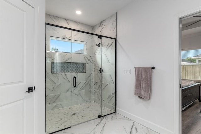 1425 SW 67th Dr, Gainesville, FL 32607 - full bathroom featuring a marble finish shower, marble look tile flooring, recessed lighting, and connected bathroom