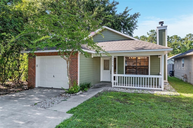 2963 SW 40th Ave, Gainesville, FL 32608 - view of front facade featuring a porch, a garage, a chimney, roof with shingles, and a front yard