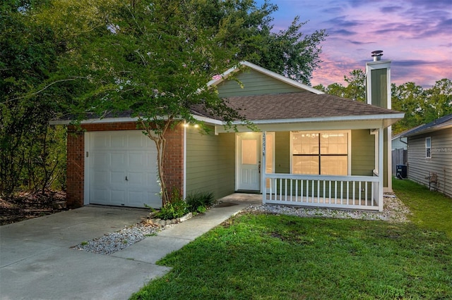 2963 SW 40th Ave, Gainesville, FL 32608 - ranch-style house featuring covered porch, a chimney, an attached garage, driveway, and a yard