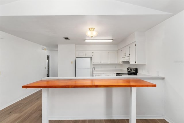 2963 SW 40th Ave, Gainesville, FL 32608 - kitchen with freestanding refrigerator, stainless steel electric range oven, light countertops, white cabinetry, and under cabinet range hood