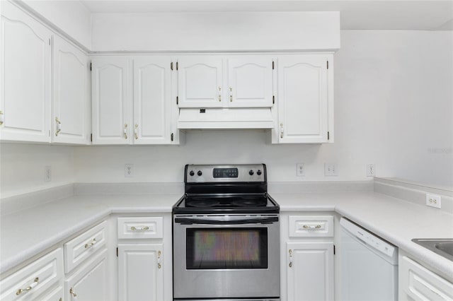 2963 SW 40th Ave, Gainesville, FL 32608 - kitchen with stainless steel electric range, custom range hood, white dishwasher, and white cabinetry