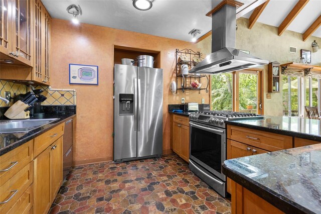 174 SW Meridian Ct, Fort White, FL 32038 - kitchen featuring appliances with stainless steel finishes, island range hood, stone finish floors, brown cabinets, and beam ceiling