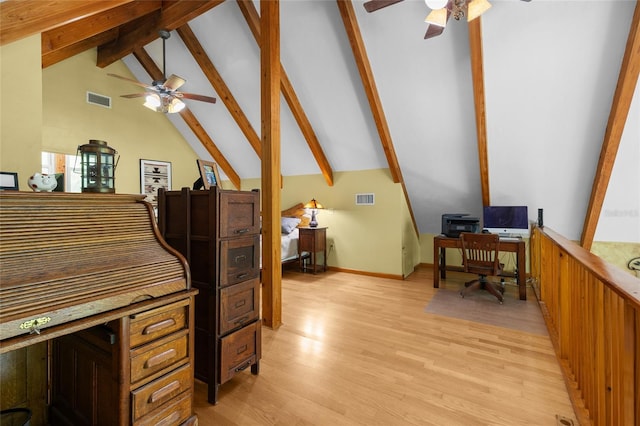 174 SW Meridian Ct, Fort White, FL 32038 - home office with ceiling fan, beamed ceiling, light wood-type flooring, and high vaulted ceiling
