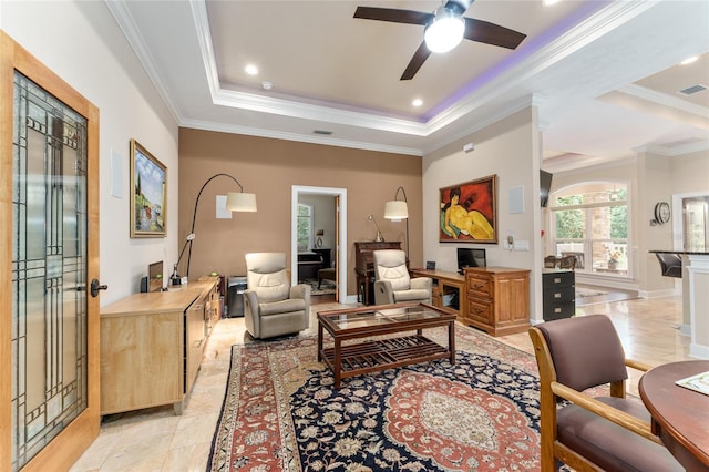 552 NW 136th St, Newberry, FL 32669 - living room with a tray ceiling, ornamental molding, a ceiling fan, an office area, and recessed lighting