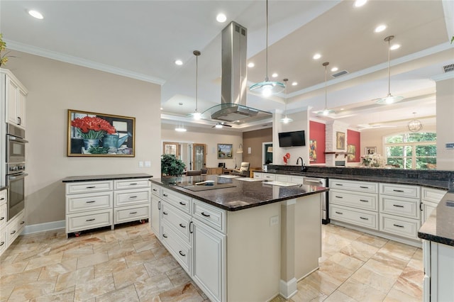 552 NW 136th St, Newberry, FL 32669 - kitchen featuring island range hood, ornamental molding, appliances with stainless steel finishes, open floor plan, and a kitchen island