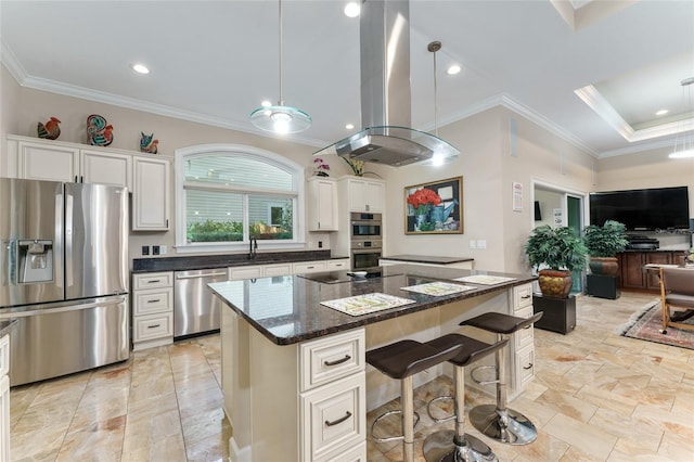 552 NW 136th St, Newberry, FL 32669 - kitchen featuring stainless steel appliances, island range hood, open floor plan, ornamental molding, and a kitchen bar