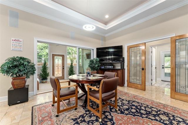 552 NW 136th St, Newberry, FL 32669 - dining room featuring crown molding, french doors, and a raised ceiling