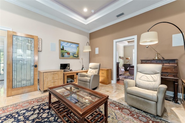 552 NW 136th St, Newberry, FL 32669 - living area with an office area, ornamental molding, a raised ceiling, and light marble finish floors