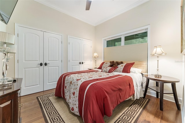 552 NW 136th St, Newberry, FL 32669 - bedroom featuring ornamental molding, two closets, light wood-style floors, and ceiling fan