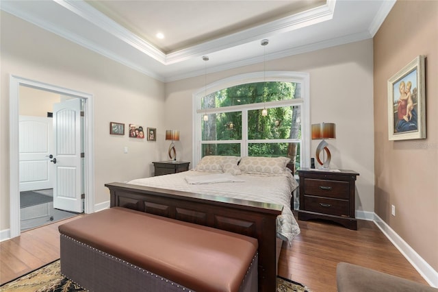552 NW 136th St, Newberry, FL 32669 - bedroom featuring a tray ceiling, dark wood-style floors, and ornamental molding