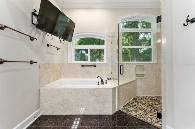 552 NW 136th St, Newberry, FL 32669 - bathroom with a garden tub, granite tiled floors, a stall shower, and ornamental molding