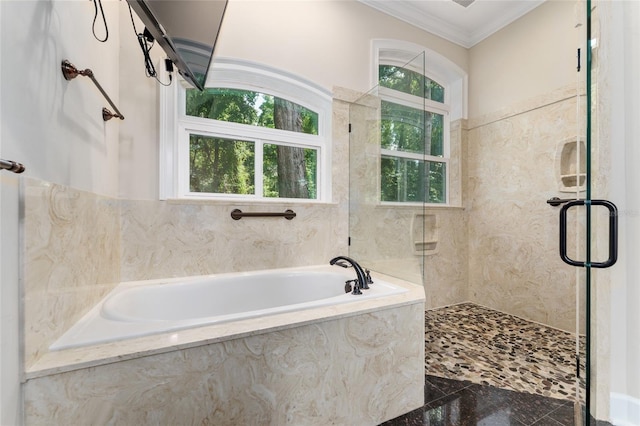 552 NW 136th St, Newberry, FL 32669 - full bathroom featuring ornamental molding, a stall shower, and a garden tub