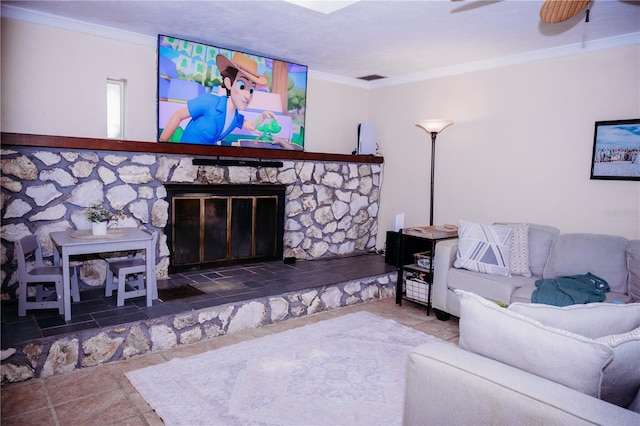 9835 NW 6th Pl, Gainesville, FL 32607 - living room featuring crown molding, a fireplace, and a ceiling fan