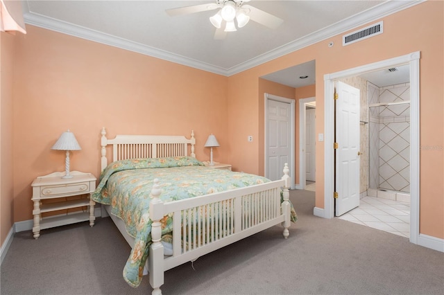 604 Ocean Club Ct, Fernandina Beach, FL 32034 - bedroom with carpet floors, ornamental molding, ceiling fan, and connected bathroom