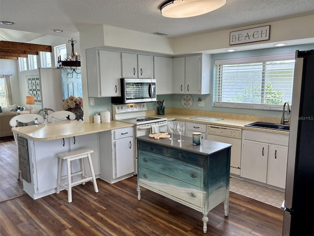 1536 S Central Ave, Flagler Beach, FL 32136 - kitchen with stainless steel appliances, a textured ceiling, dark wood-style floors, a peninsula, and healthy amount of natural light