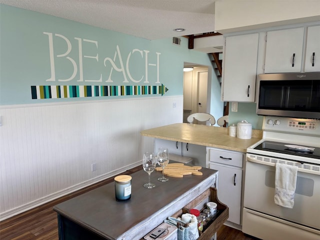 1536 S Central Ave, Flagler Beach, FL 32136 - kitchen with electric range, stainless steel microwave, a wainscoted wall, light countertops, and white cabinets