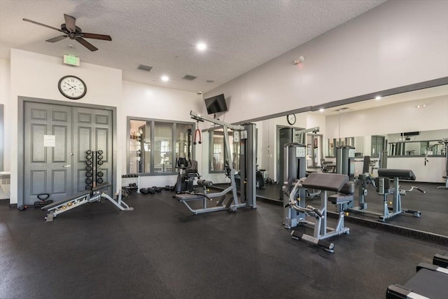 1011 Wetland Ridge Cir, Middleburg, FL 32068 - workout area with a textured ceiling, a ceiling fan, and a towering ceiling