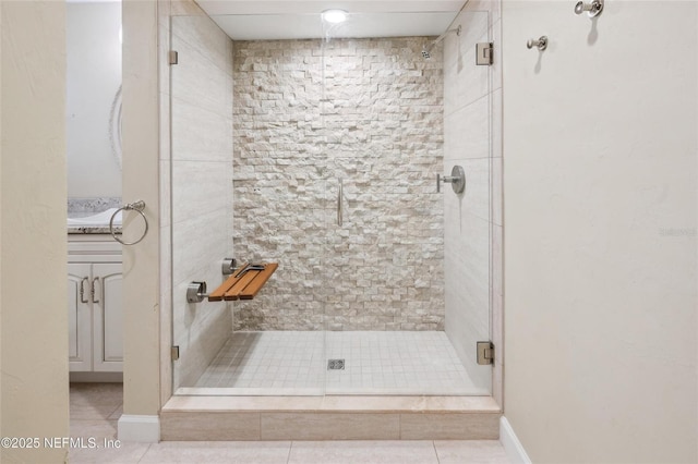 110 Cypress St, Hawthorne, FL 32640 - bathroom with a stall shower, tile patterned flooring, and vanity