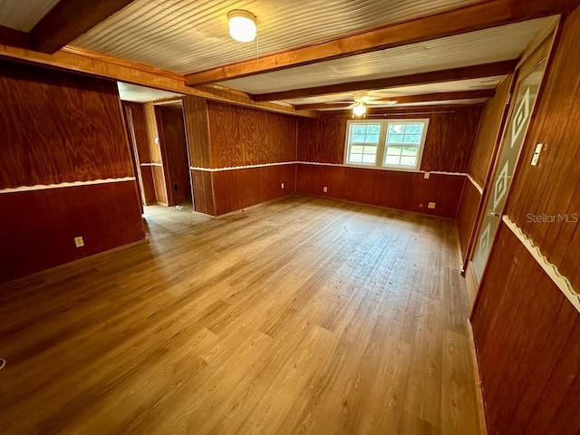 9947 SW 37th St, Lake Butler, FL 32054 - unfurnished room featuring beamed ceiling, ceiling fan, wood finished floors, and wood walls