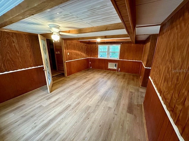 9947 SW 37th St, Lake Butler, FL 32054 - unfurnished living room with beam ceiling, wooden walls, ceiling fan, wood finished floors, and heating unit