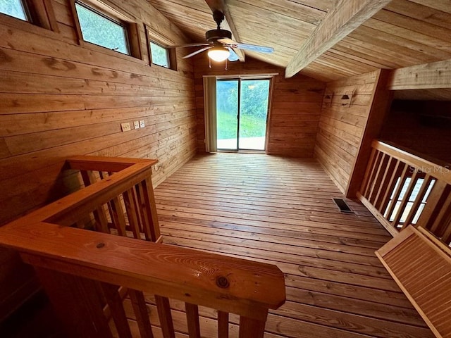 9947 SW 37th St, Lake Butler, FL 32054 - bonus room with lofted ceiling, a ceiling fan, wooden walls, hardwood / wood-style floors, and wood ceiling