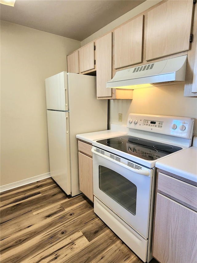 2360 SW Archer Rd Unit 208, Gainesville, FL 32608 - kitchen with white appliances, under cabinet range hood, light countertops, wood finished floors, and light brown cabinetry