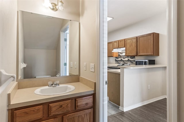 3901 SW 20th Ave Unit 806, Gainesville, FL 32607 - bathroom with vanity, tasteful backsplash, and wood finished floors