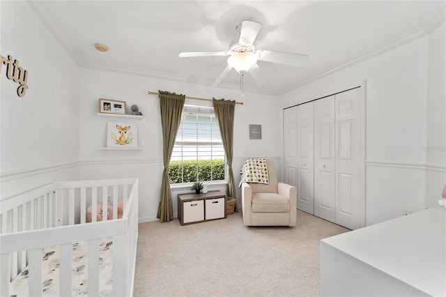 11752 NW 61st Ter, Alachua, FL 32615 - bedroom featuring light colored carpet, a closet, ornamental molding, a nursery area, and ceiling fan