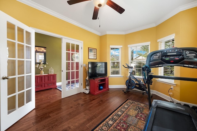 7827 SW 79th Dr, Gainesville, FL 32608 - workout area featuring french doors, wood finished floors, crown molding, and ceiling fan