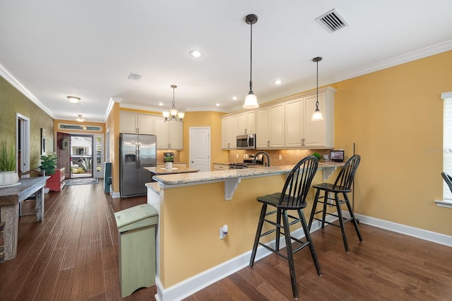 7827 SW 79th Dr, Gainesville, FL 32608 - kitchen featuring stainless steel appliances, a peninsula, light stone countertops, dark wood finished floors, and tasteful backsplash