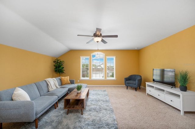 7827 SW 79th Dr, Gainesville, FL 32608 - living room featuring ceiling fan, carpet floors, and lofted ceiling