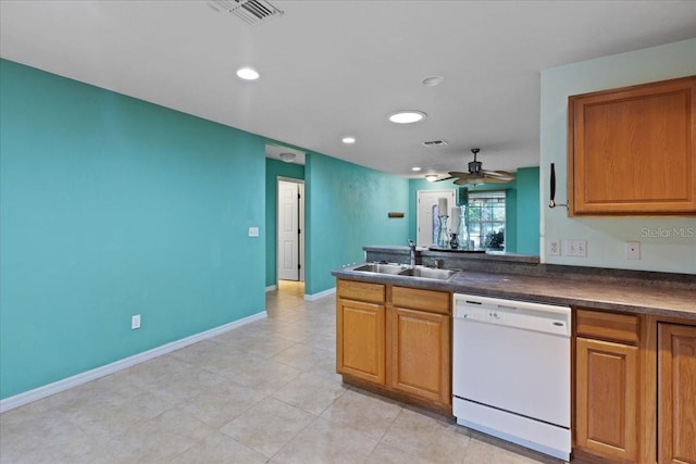350 Hardee St, Bronson, FL 32621 - kitchen with dishwasher, dark countertops, ceiling fan, recessed lighting, and brown cabinetry