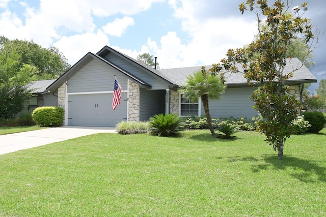 3735 NW 64th Pl, Gainesville, FL 32653 - ranch-style house with stone siding, a garage, driveway, a front lawn, and roof with shingles