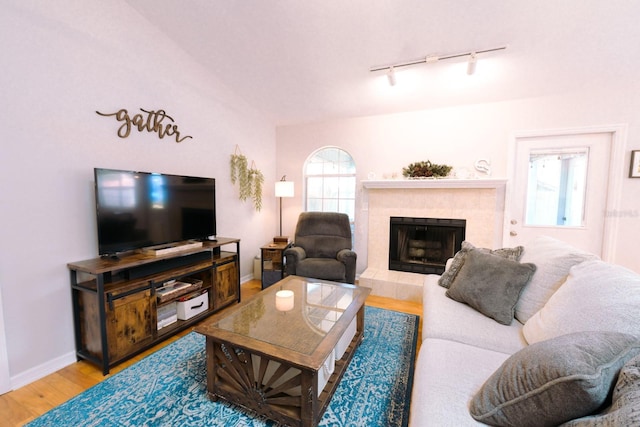 3735 NW 64th Pl, Gainesville, FL 32653 - living area featuring rail lighting, light wood finished floors, and a fireplace