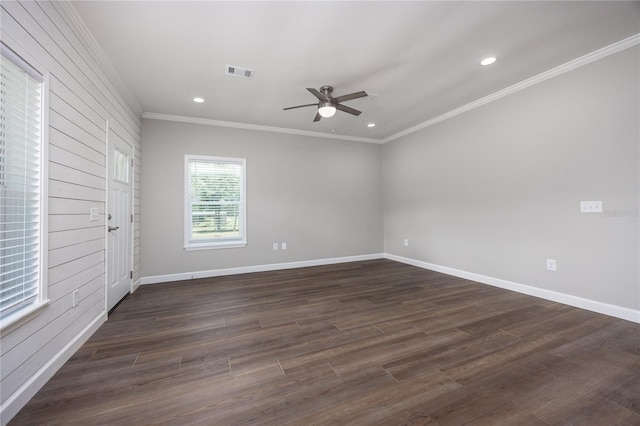 16011 S County Road 325, Hawthorne, FL 32640 - unfurnished bedroom with ornamental molding, recessed lighting, dark wood-type flooring, and a ceiling fan
