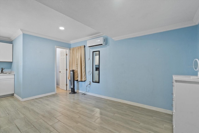 4444 5th Ave S, Saint Petersburg, FL 33711 - unfurnished living room with ornamental molding, a wall mounted AC, light wood-type flooring, and recessed lighting