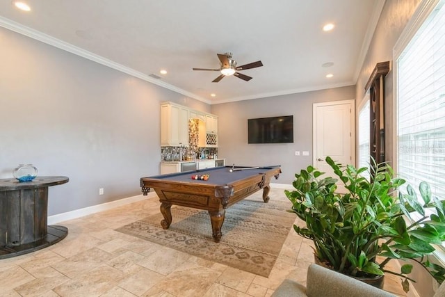 6813 SW 83rd Ter, Lake Butler, FL 32054 - playroom with ceiling fan, recessed lighting, billiards table, crown molding, and stone tile floors