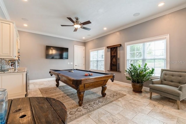 6813 SW 83rd Ter, Lake Butler, FL 32054 - recreation room with a ceiling fan, billiards, stone tile floors, recessed lighting, and crown molding