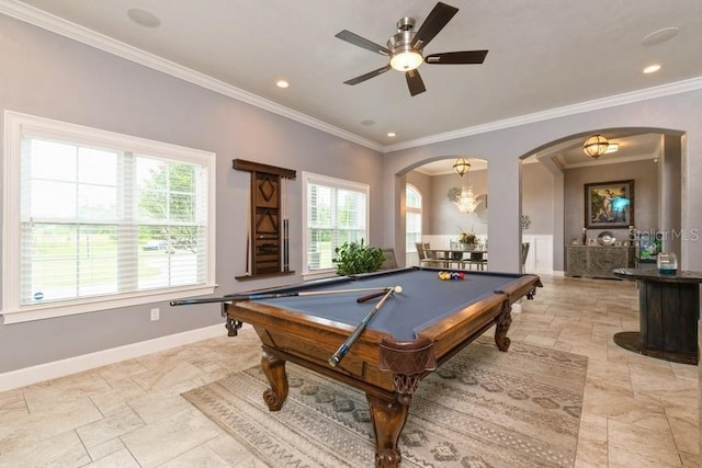 6813 SW 83rd Ter, Lake Butler, FL 32054 - rec room with stone tile flooring, arched walkways, ornamental molding, ceiling fan, and pool table