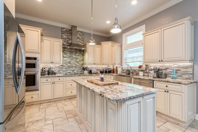 6813 SW 83rd Ter, Lake Butler, FL 32054 - kitchen with appliances with stainless steel finishes, wall chimney range hood, decorative backsplash, cream cabinetry, and recessed lighting
