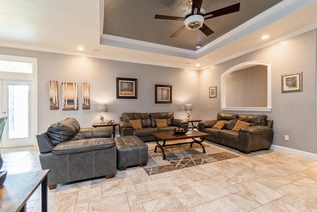6813 SW 83rd Ter, Lake Butler, FL 32054 - living area with a tray ceiling, crown molding, a ceiling fan, stone tile floors, and recessed lighting
