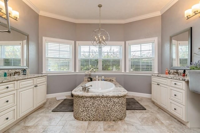 6813 SW 83rd Ter, Lake Butler, FL 32054 - bathroom featuring a chandelier, two vanities, crown molding, and a bath