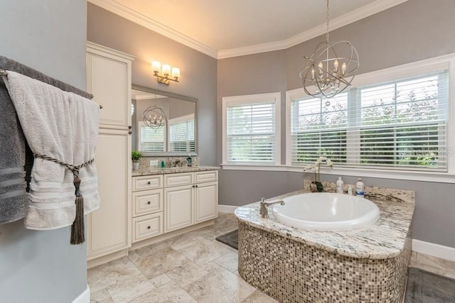 6813 SW 83rd Ter, Lake Butler, FL 32054 - full bathroom with a chandelier, vanity, a garden tub, crown molding, and stone finish floors