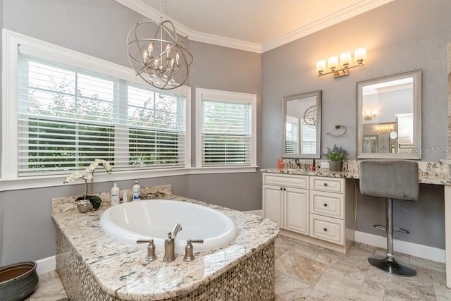 6813 SW 83rd Ter, Lake Butler, FL 32054 - bathroom featuring a bath, ornamental molding, a chandelier, and vanity