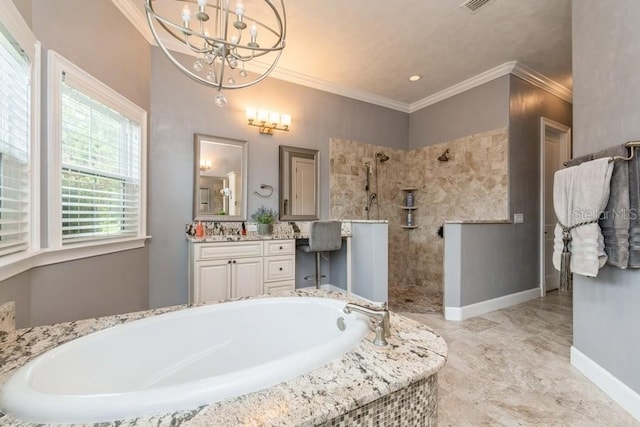 6813 SW 83rd Ter, Lake Butler, FL 32054 - full bathroom with walk in shower, a garden tub, vanity, a chandelier, and ornamental molding