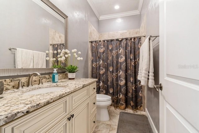6813 SW 83rd Ter, Lake Butler, FL 32054 - bathroom with vanity, ornamental molding, and a shower with shower curtain