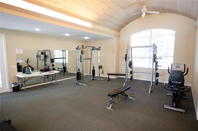 3705 SW 27th St Unit 223, Gainesville, FL 32608 - workout area with vaulted ceiling, plenty of natural light, a ceiling fan, and wood ceiling