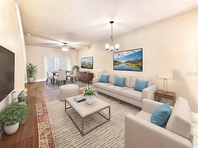 2508 SW 35th Pl Unit L-70, Gainesville, FL 32608 - living area featuring ceiling fan, wood finished floors, and a chandelier