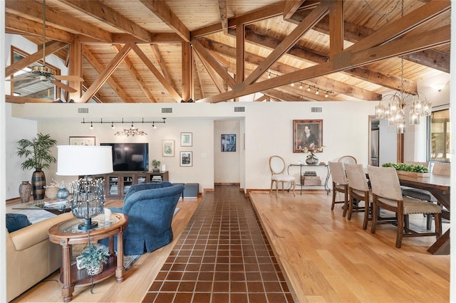 6501 NW 16th Pl, Gainesville, FL 32605 - living room with wooden ceiling, track lighting, ceiling fan, and a chandelier